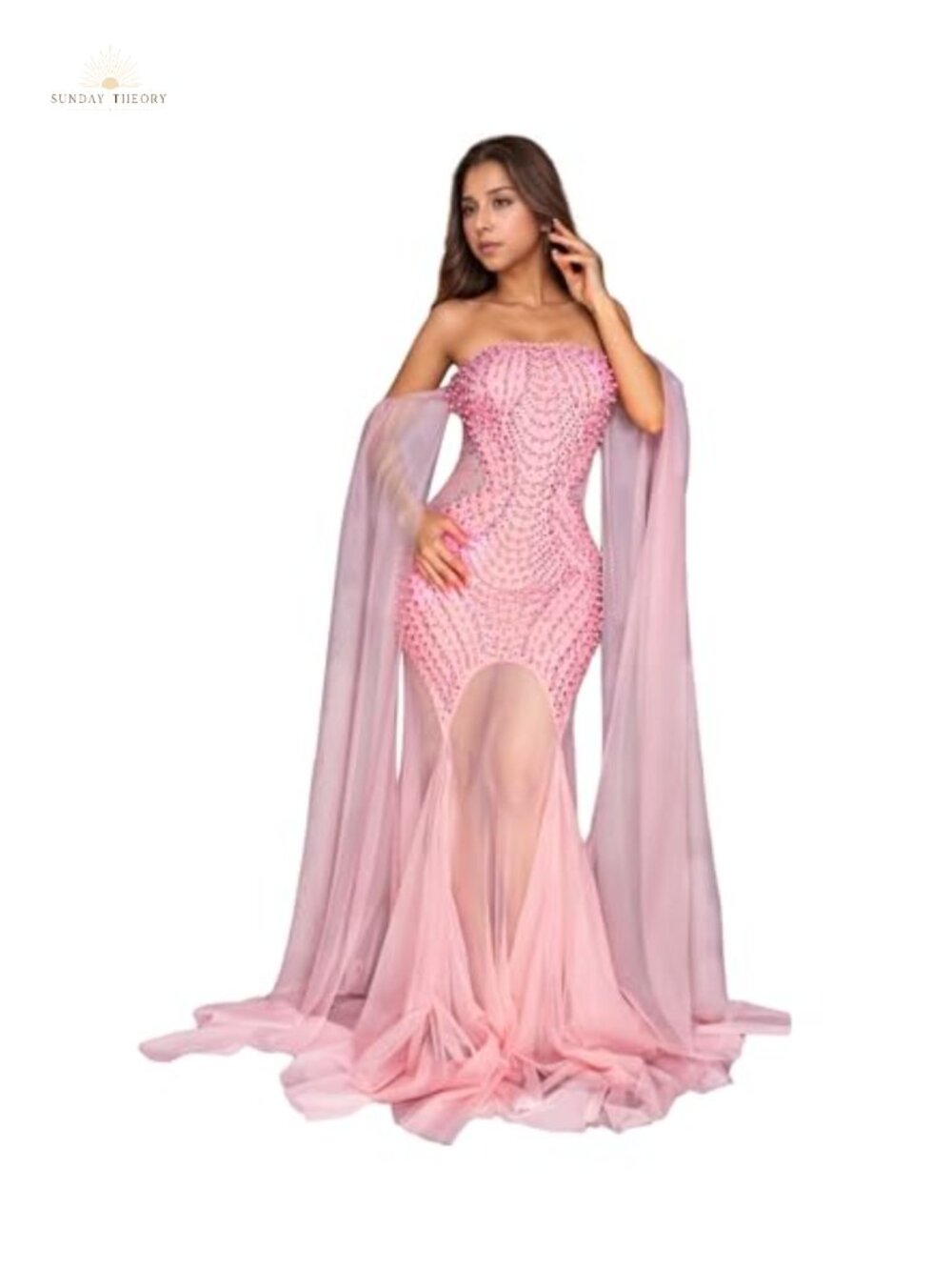 Rhinestone Sequin Long Sleeve Bodycon Mermaid Evening Party Dress